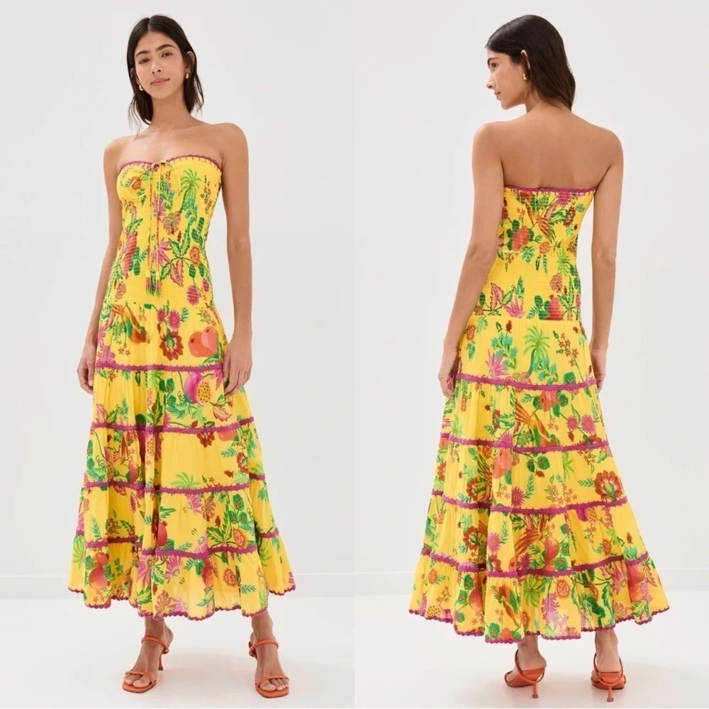 Farm Rio Delicate Fruit Garden Yellow Smocked Strapless Halter Tiered Maxi Dress - Picture 3 of 14